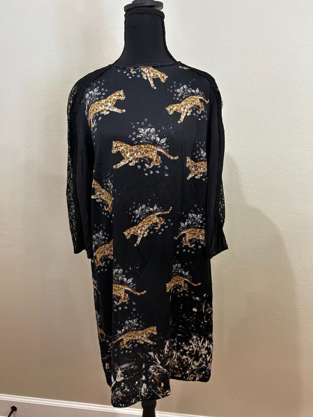 Zara Woman Leopard Crystal Print Lace Sleeve Shift Dress L Made Spain